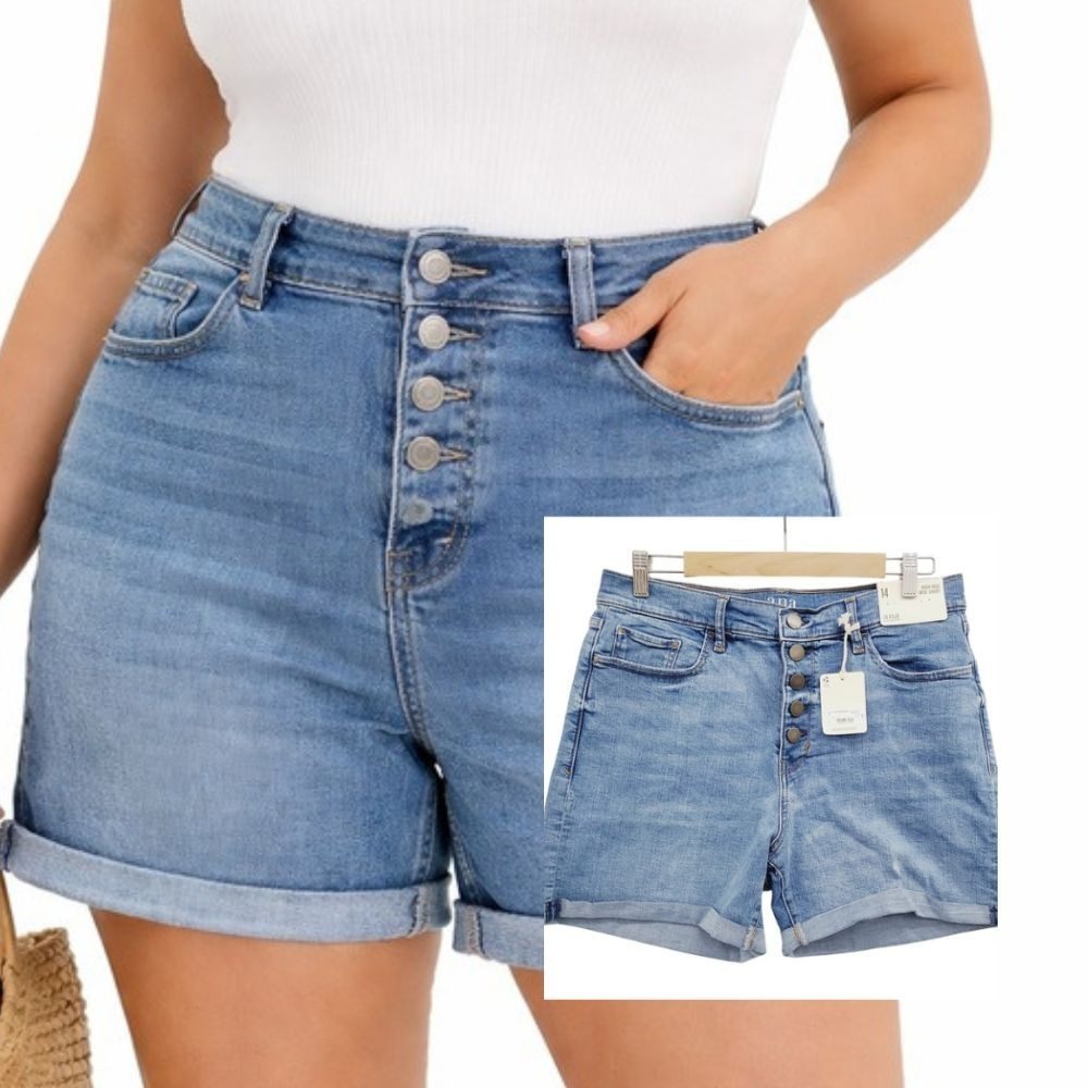a.n.a High Rise Jean Shorts Button Fly Denim Stretch Blue NWT 14